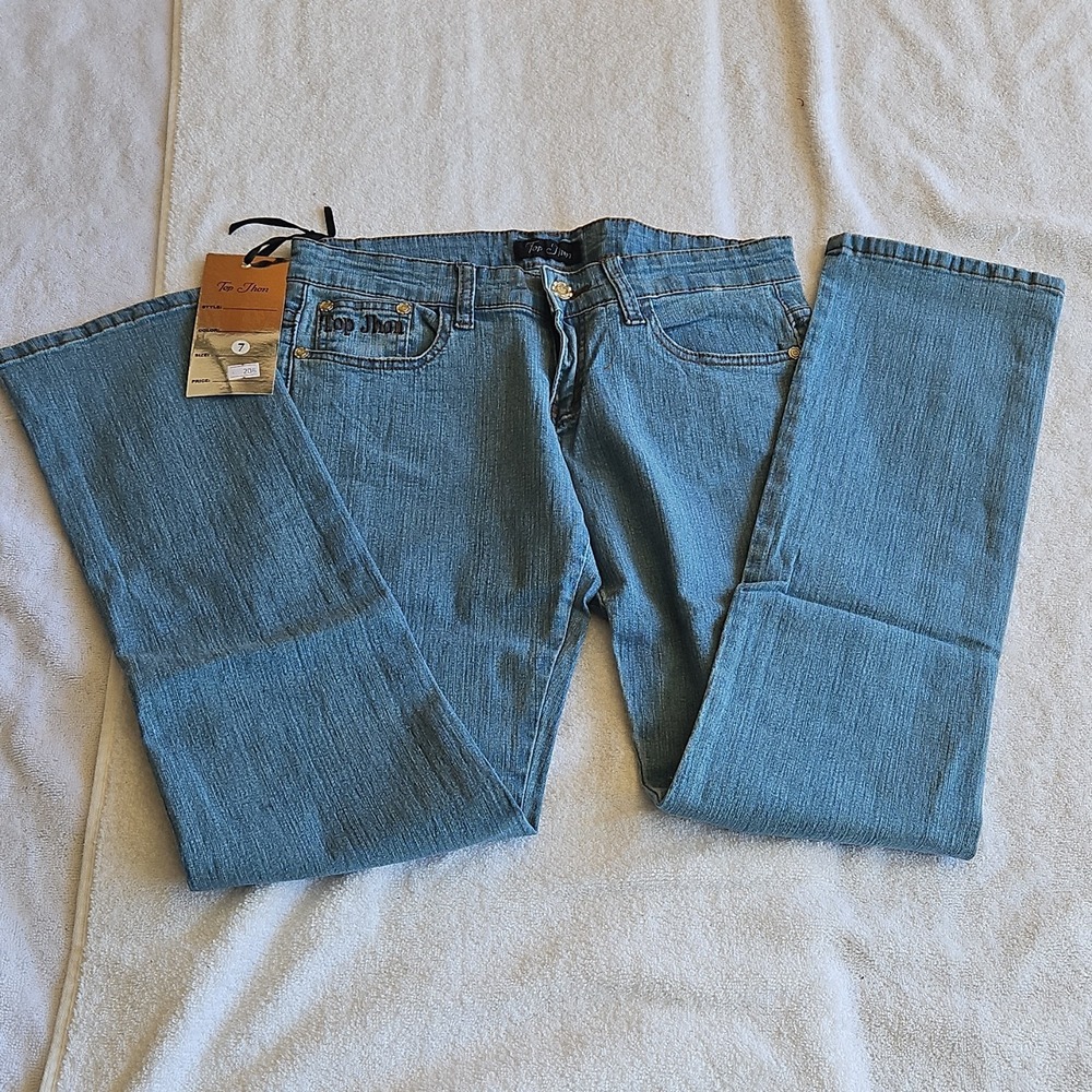 Top Jhon Jeans Girls Size 7/8 Blue Medium Wash Denim Embroidered Button Zip